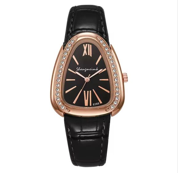 Womens Black Vegan Leather Crystal Watch Rose Gold Tone Elegant Dress Wristwatch main image 4